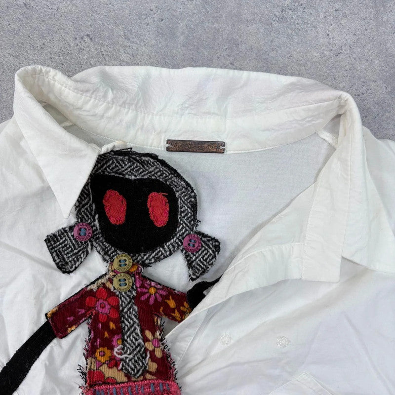 white graphic appliqué puff striped shirt