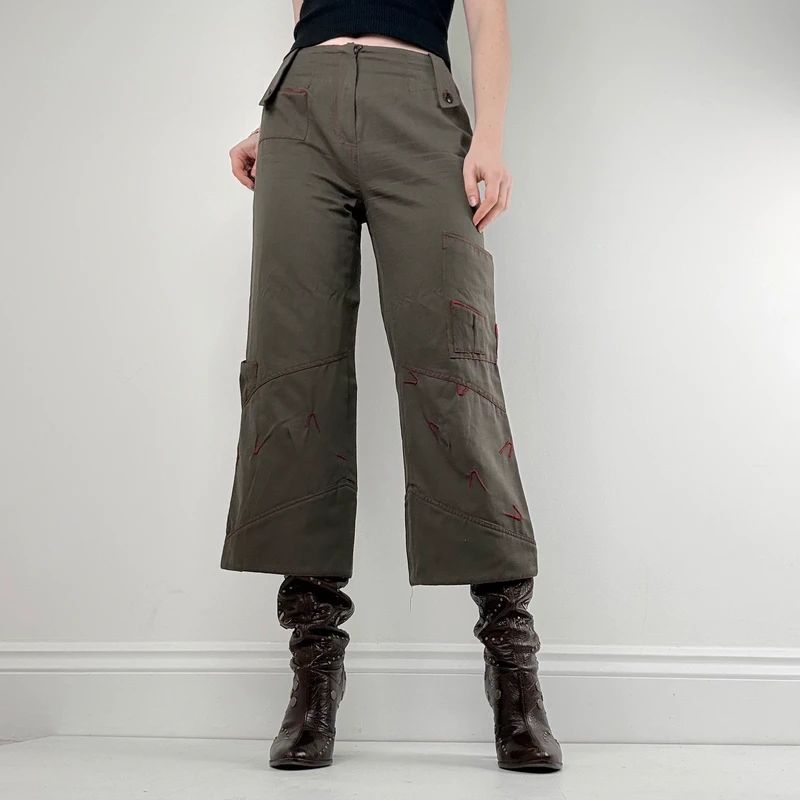 khaki cropped embroidered wide-leg trousers