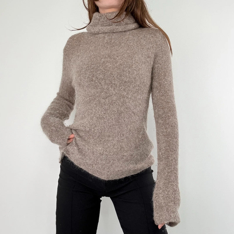 brown taupe fluffy knit mock neck