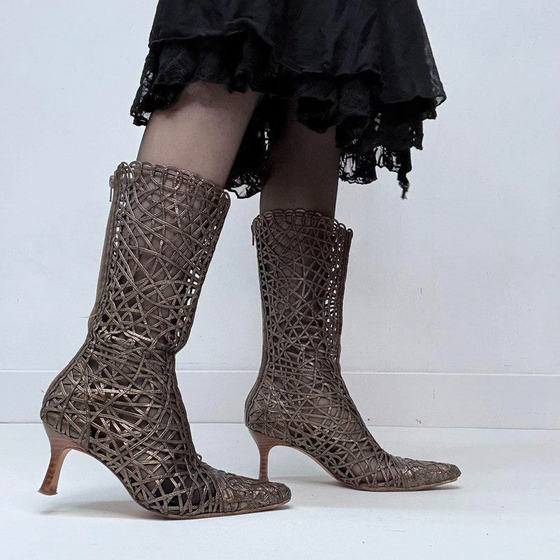 woven sheer lace leather heel boots