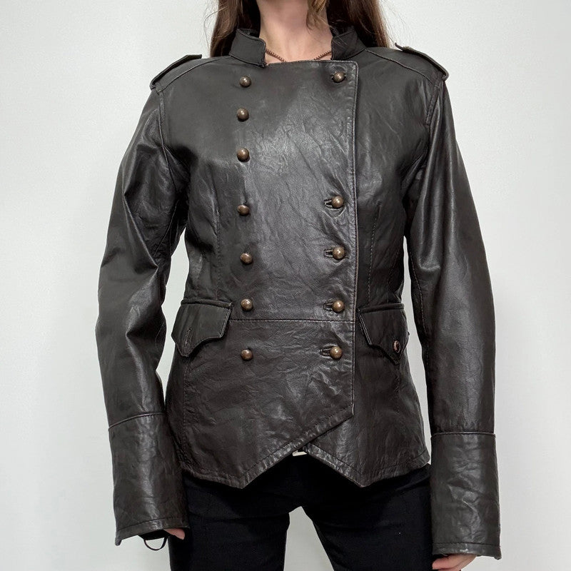 aymmetric brown leather military napolionic jacket