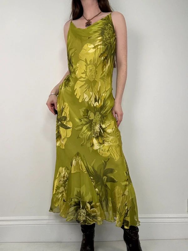 green floral watercolour silk bias cut maxi dress