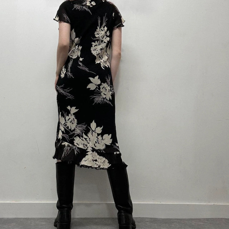 black floral bias cut 90s dress