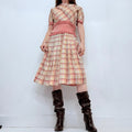 Antique preppy pink checked fitted flared pleated dress