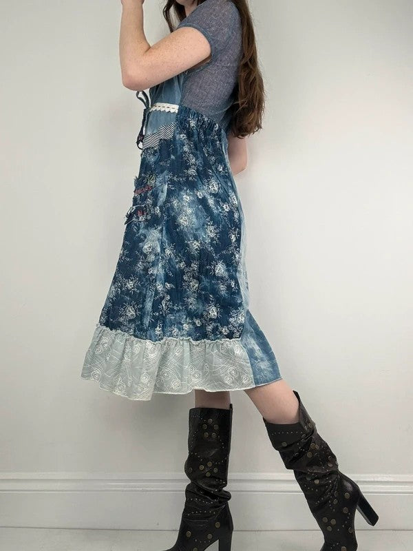 Floral lace blue flared patchwork midi dress