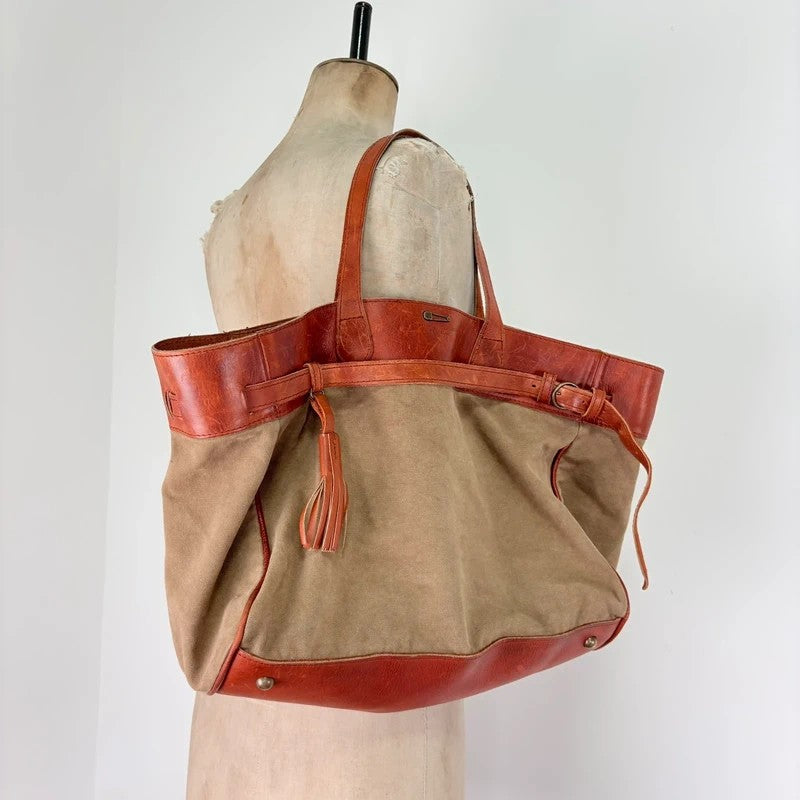 Slouchy oversized leather and canvas shoulder bag