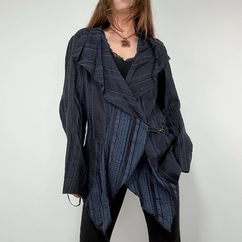 Navy Pinstripe Asymmetric Ruffle Jacket
