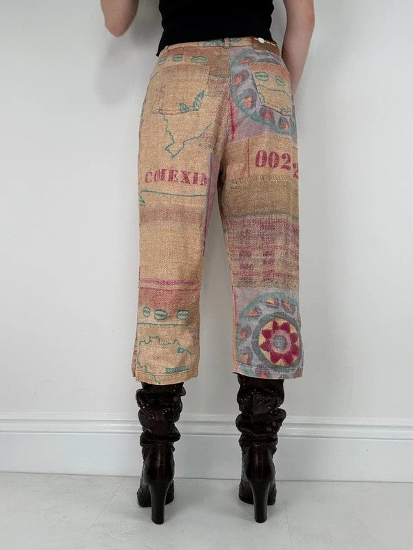 Printed abstract summer textured capri trousers