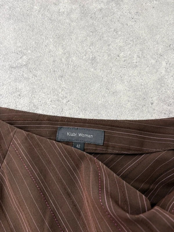Pinstripe brown asymmetric draped midi skirt