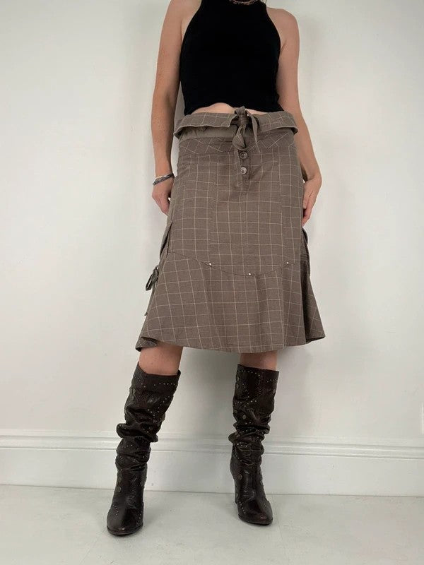 brown tartan low rise flared midi skirt