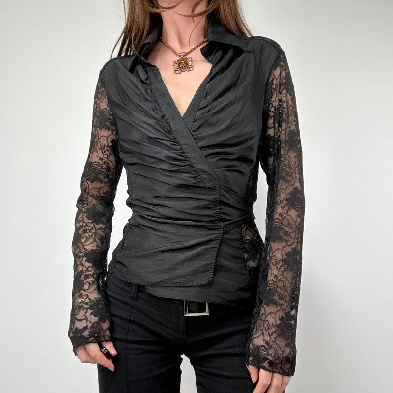 gathered lace wrap around shirt