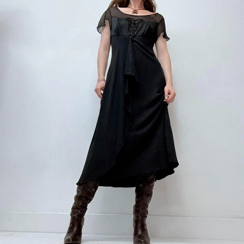 black flutter draped midi silk dress