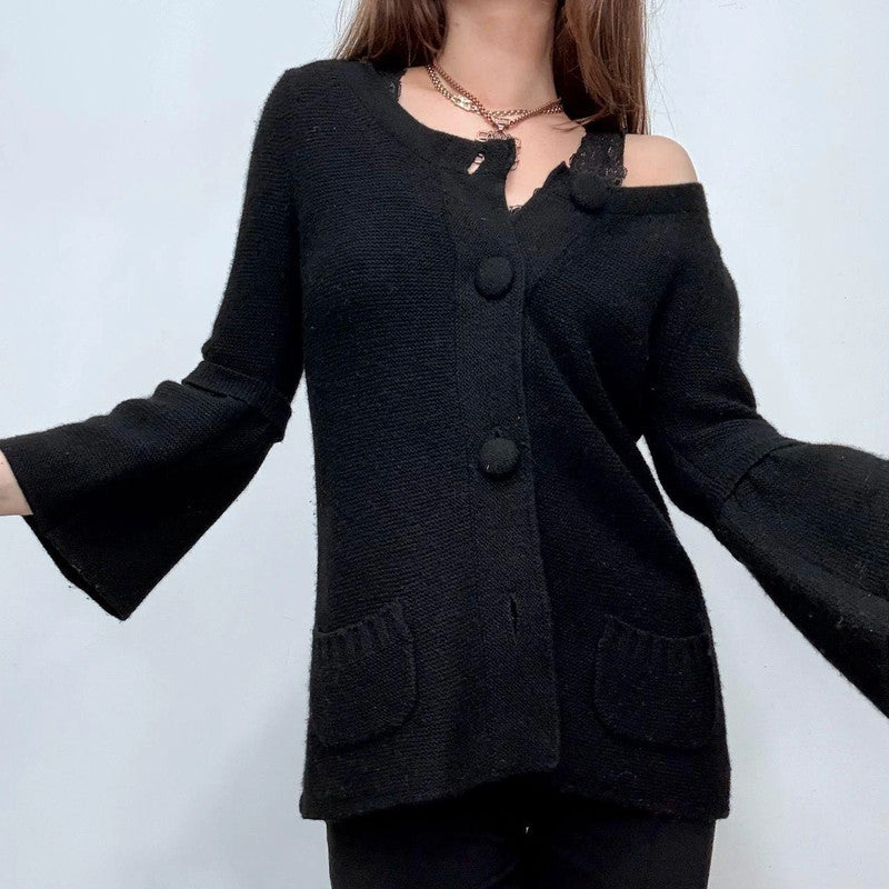 black knitted flared button cardigan
