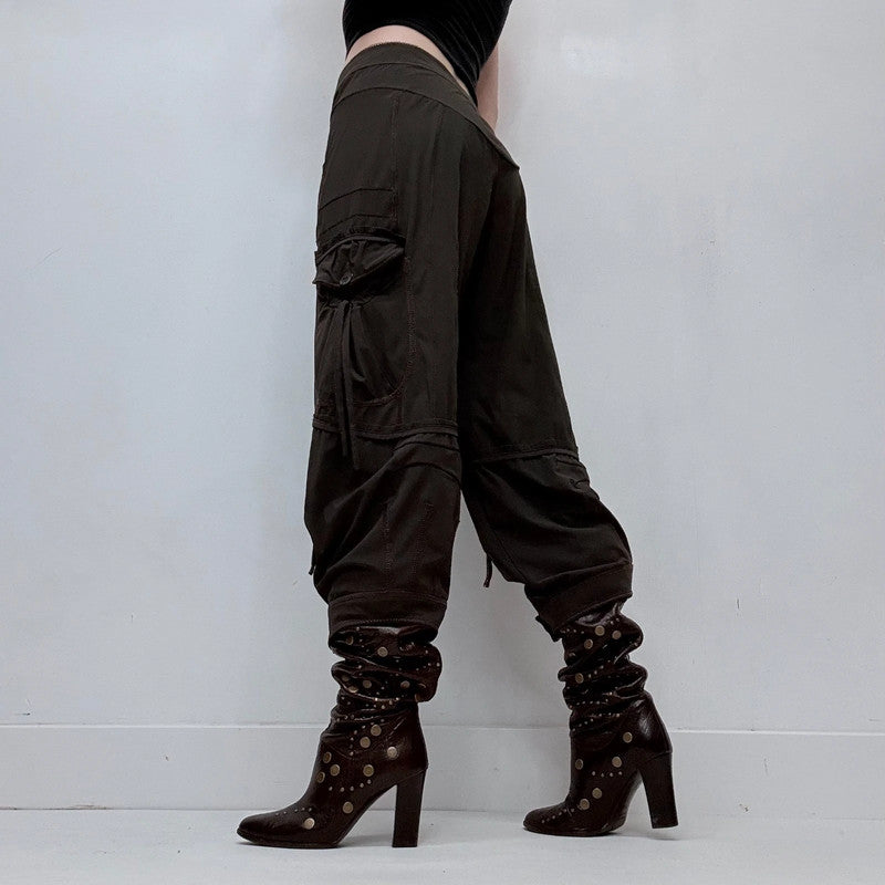 gathered pleated brown low rise grunge utility trousers