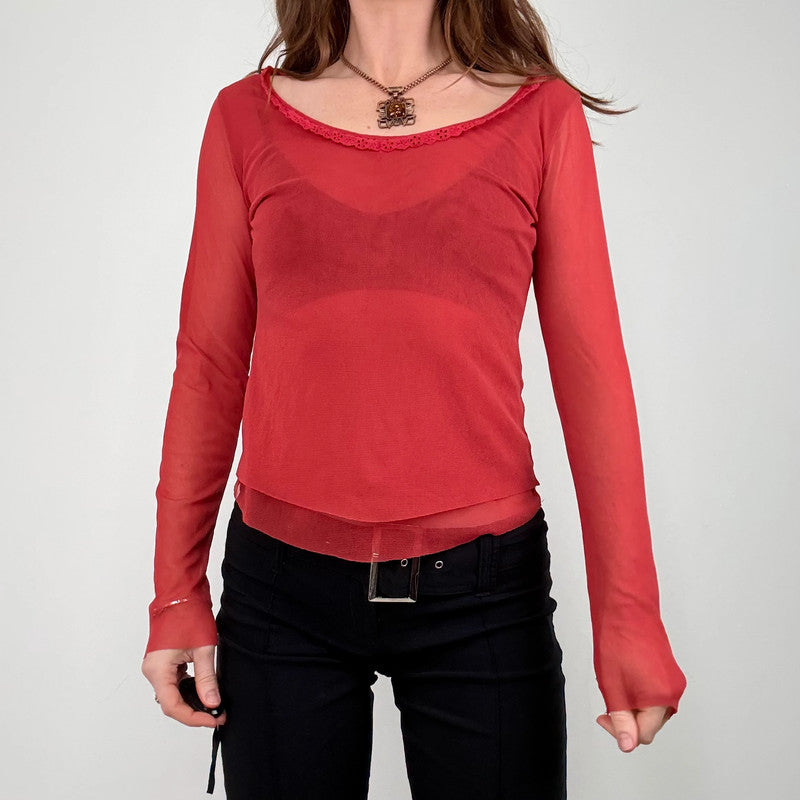 red sheer mesh layered long sleeve t-shirt