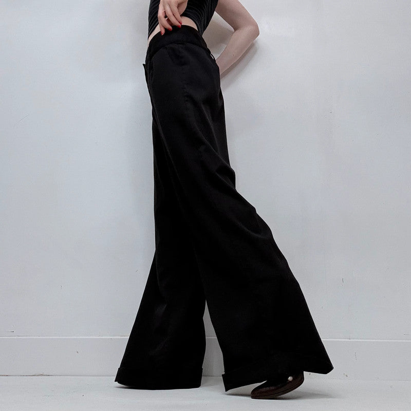 flared black wide leg trousers