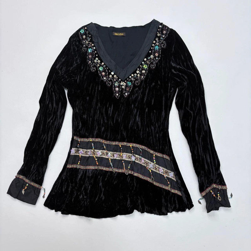 black crinkle velvet boho flare top