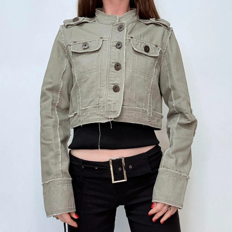 khaki cropped button-up utility jacket