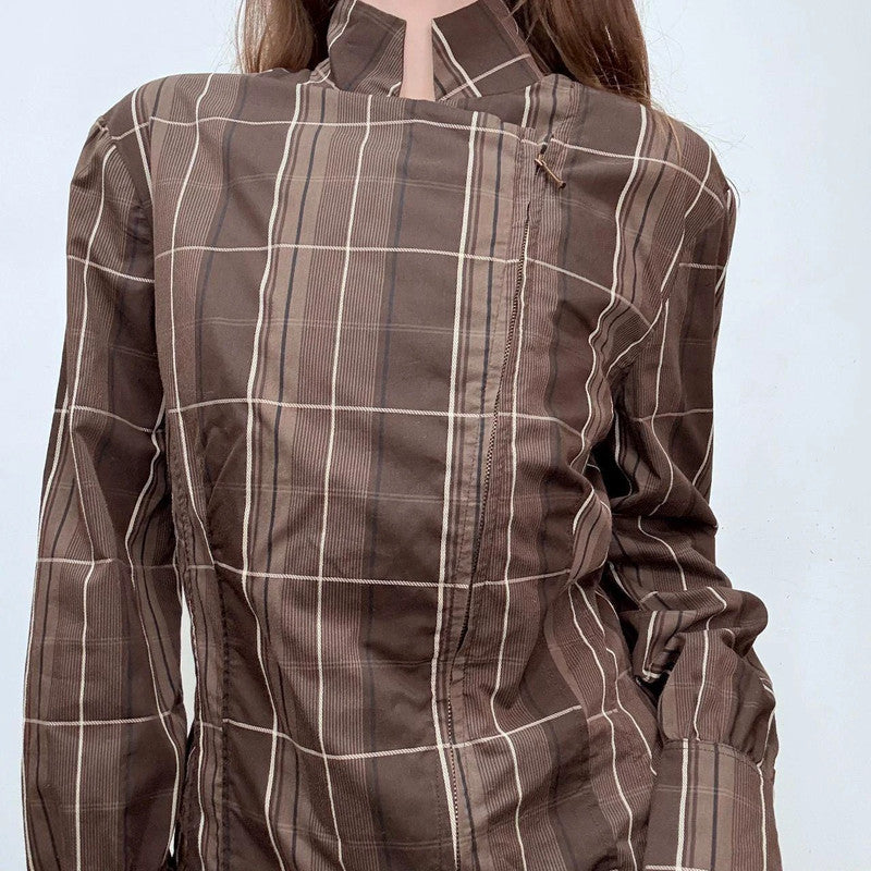 checked flared asymmetric zipper shirt