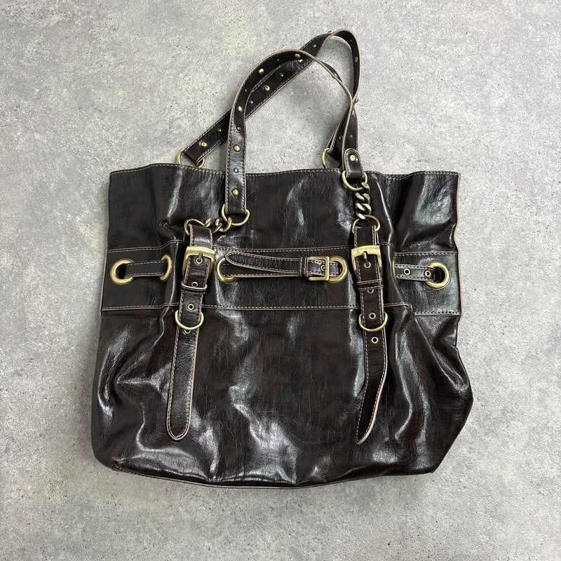 Chunky brown buckle chain shoulder bag
