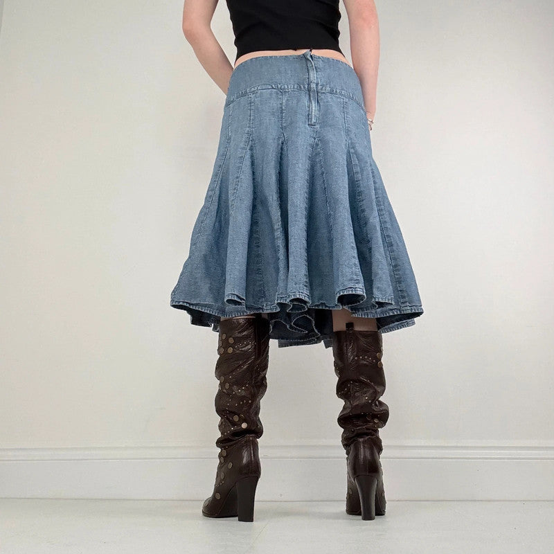flared denim panelled midi skirt