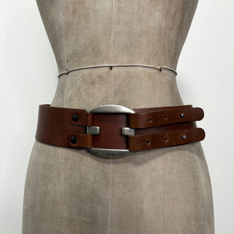 brown leather chunky buckl belt