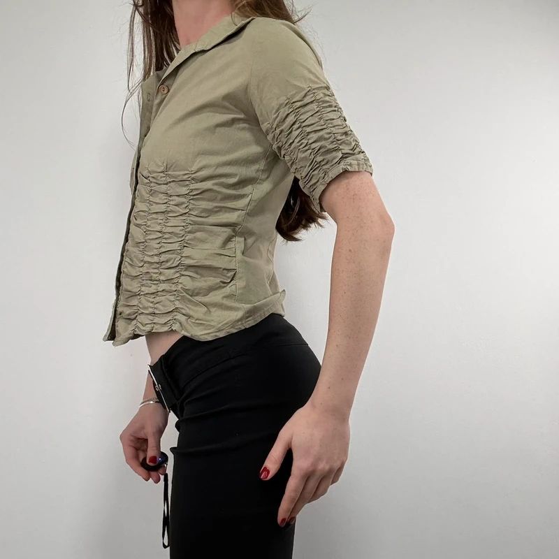 gathered khaki pleated shirt