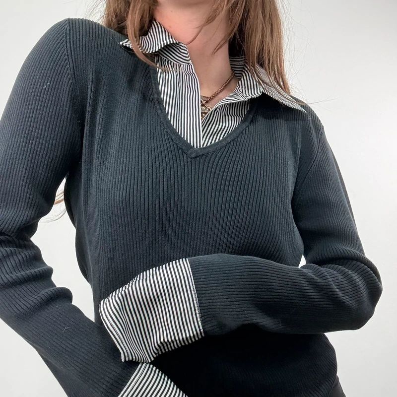 black ribbed knit layered shirt jumper