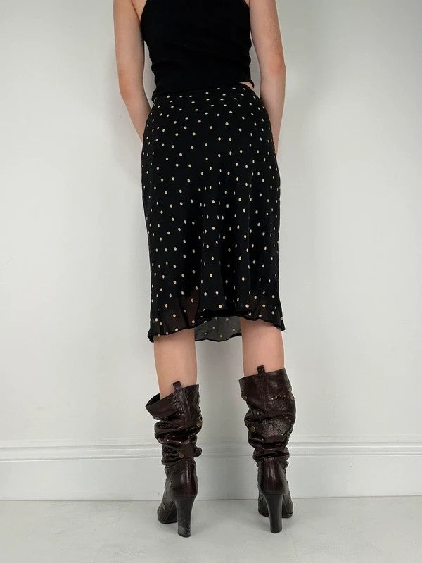 Black and white polkadot flutter midi skirt