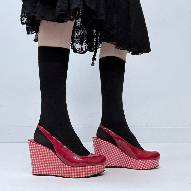red gingham wedge heels