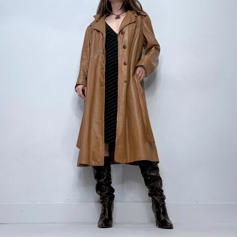 tan leather long trench coat