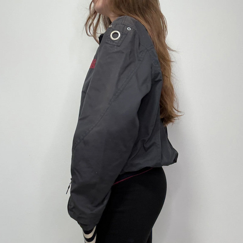navy bomber jacket, thick striped waistband
