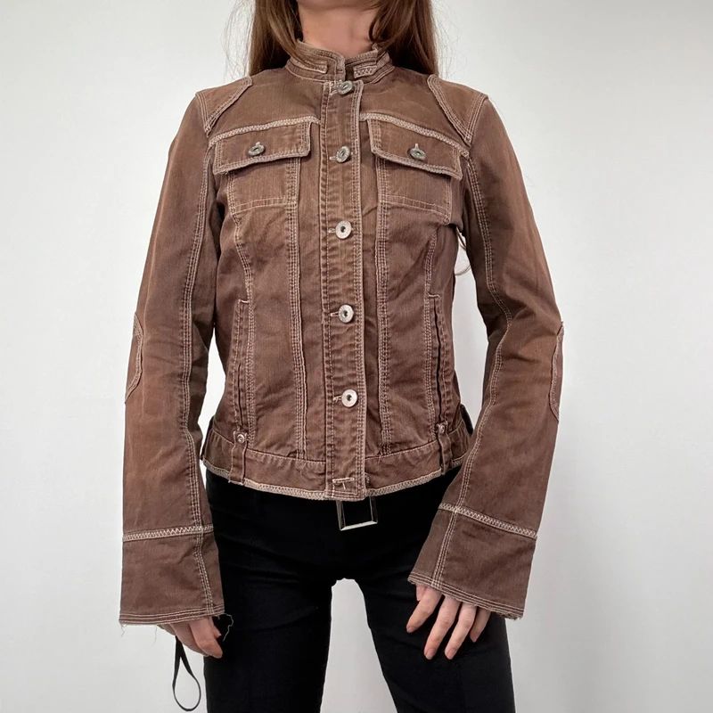 distressed brown cargo denim jacket