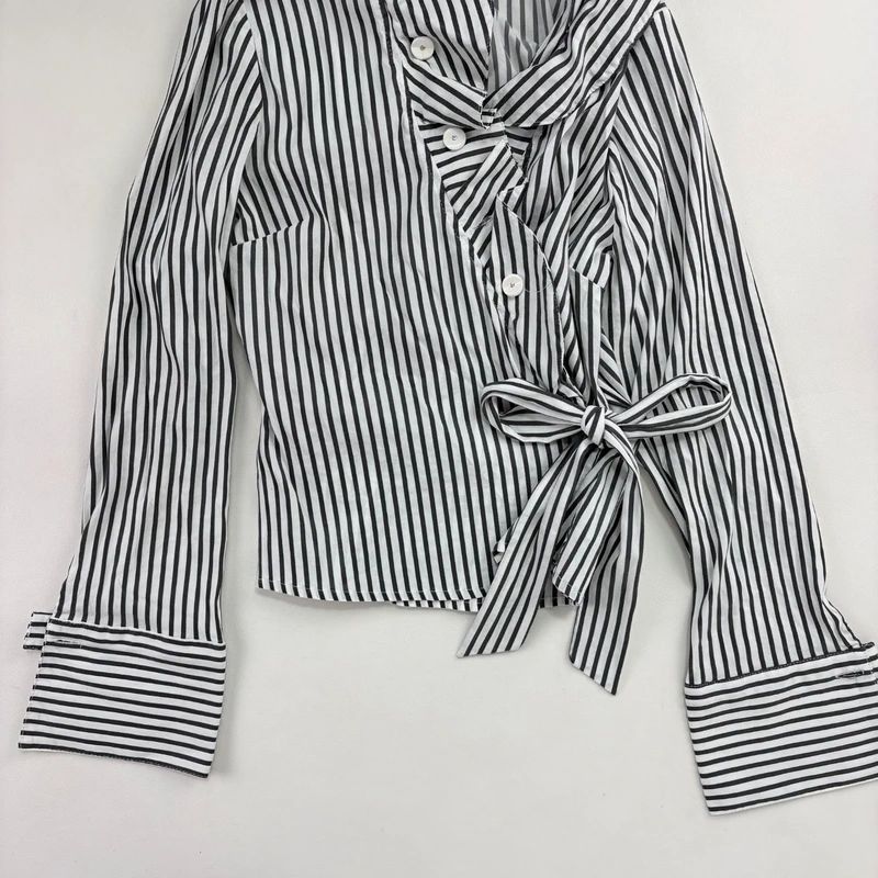 Asymmetric Pinstripe Wrap Ruffle Shirt