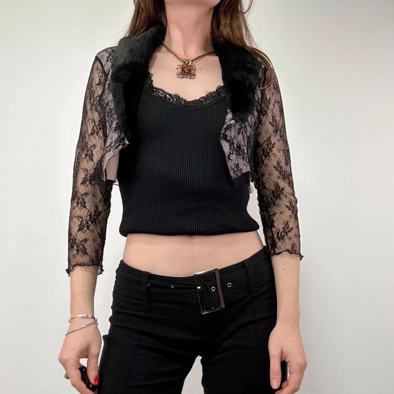 Lace Cropped Cardigan with Faux Fur Collar