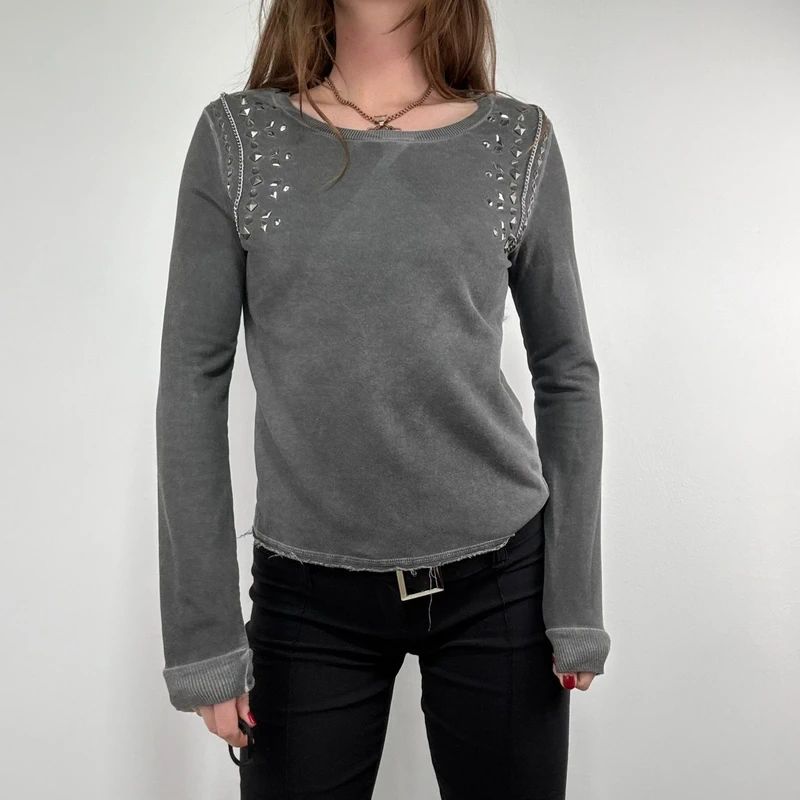 distressed cotton studded cropped sweatshirt