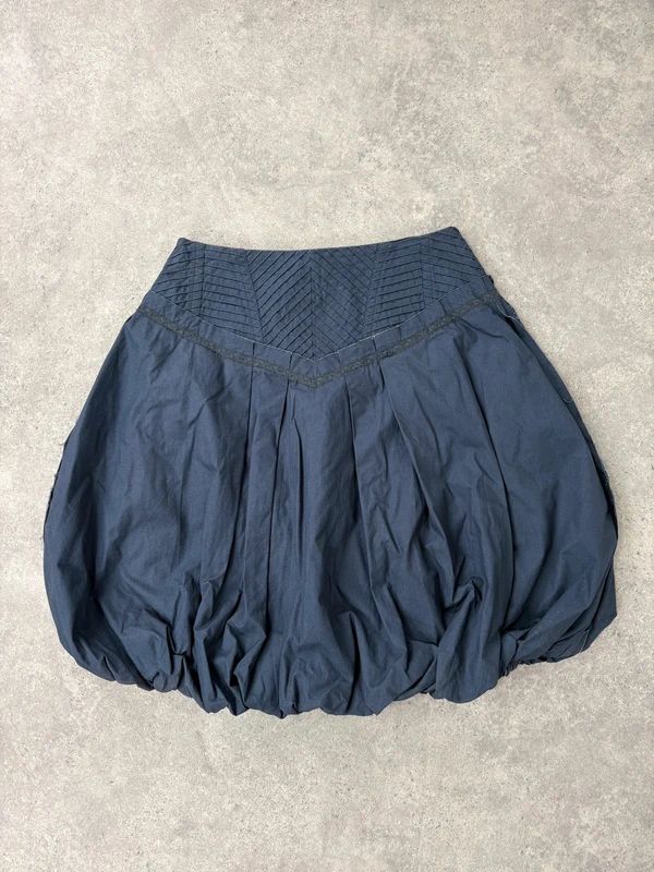 Puff parachute navy pleated midi flare skirt with zipper
