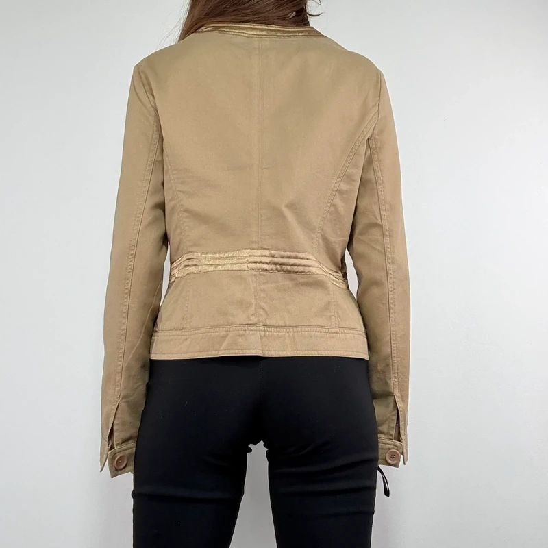 tan boxy cropped fit jacket with exposed button detail