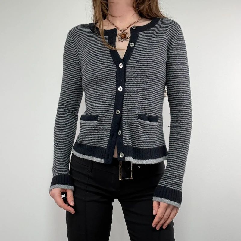 navy pinstripe button up cardigan crewneck