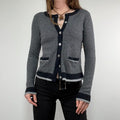 navy pinstripe button up cardigan crewneck