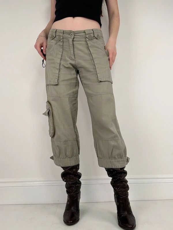 khaki linen cropped pleated capri utility pants