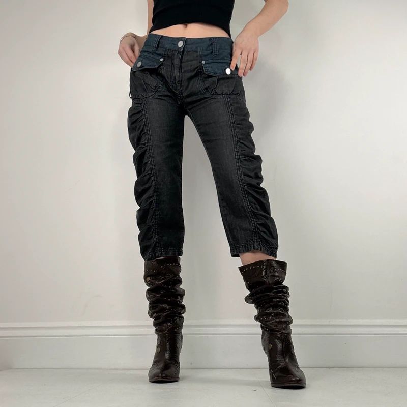 gathered cinched denim cropped pants