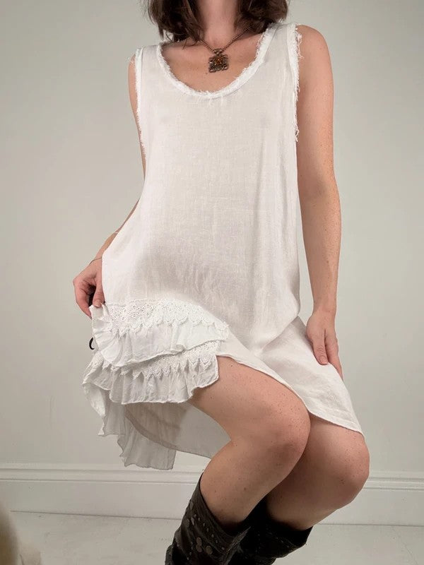 white linen lace asymmetric boho dress