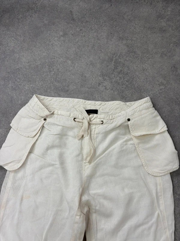 white linen flared utility button trousers