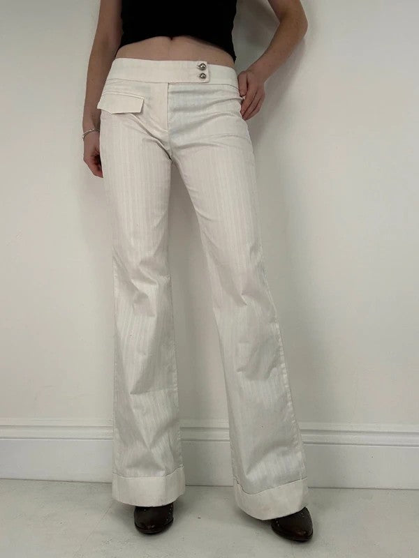 Lot rise white cotton pinstripe flared trousers