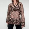 sheer brown and pink printed flared shirt