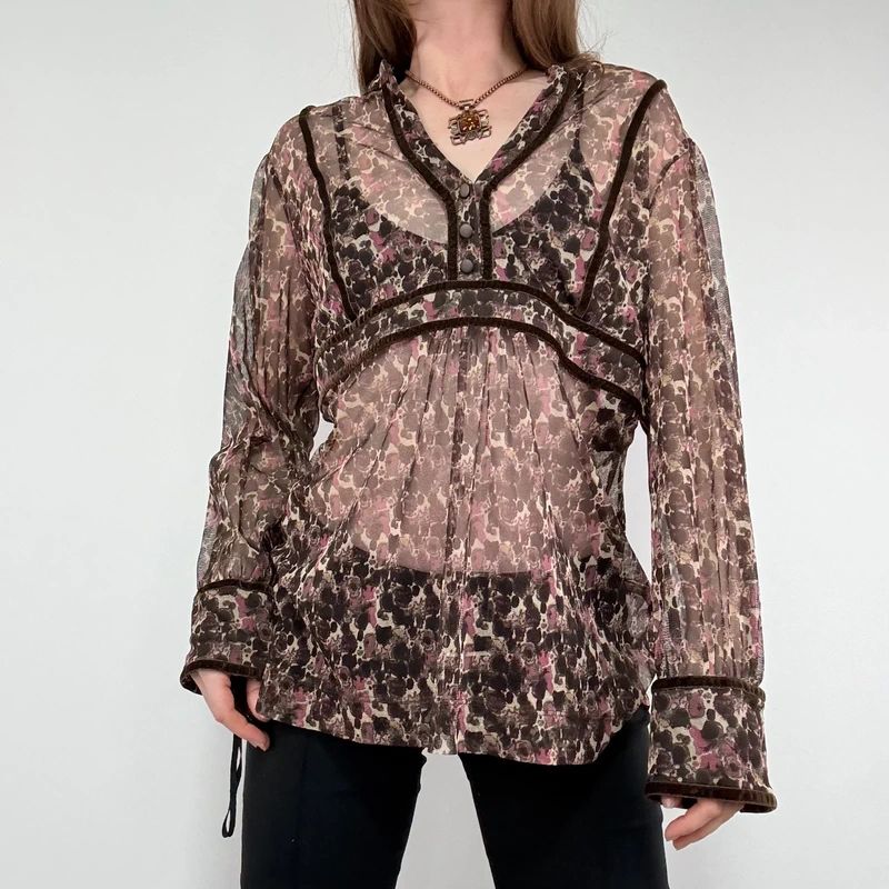 sheer brown and pink printed flared shirt