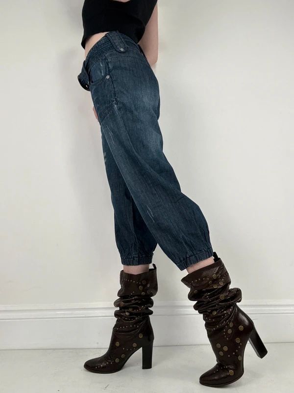 cropped denim puff capri pants