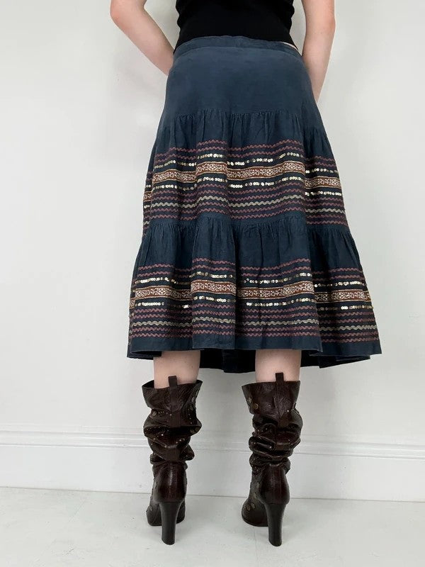 boho cord flared embroidered tiered sequin midi skirt