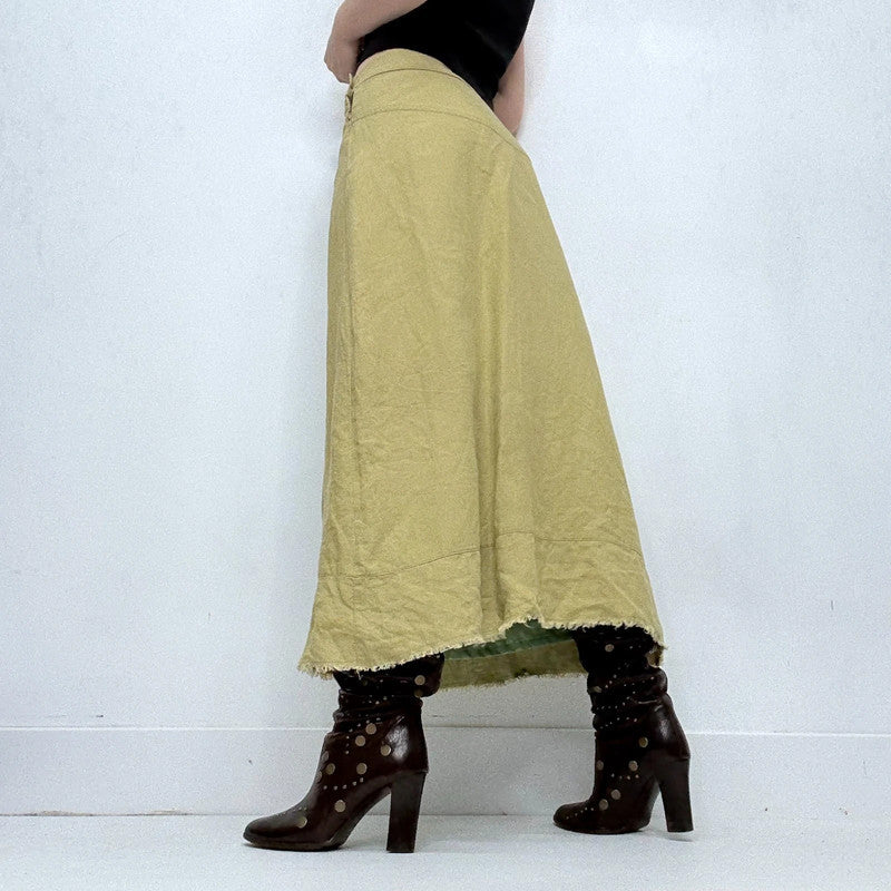 green linen flared maxi skirt